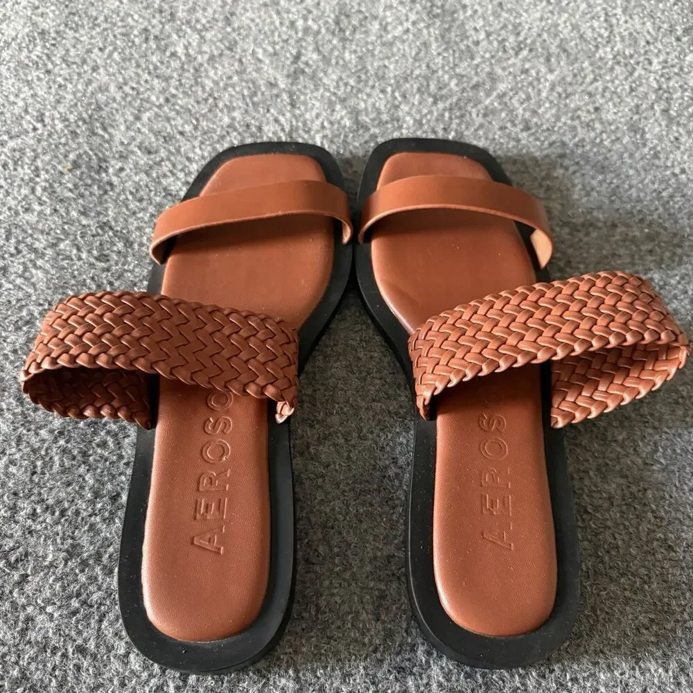 Aerosoles St. Lukes Woven Braided Slide Sandals Brown Leather Square Toe Size 8